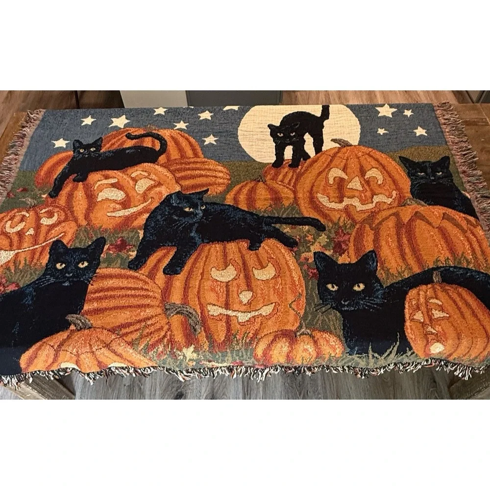 Halloween Black Cat Pumpkin Tapestry Autumn Fall Decor Blanket Throw 63